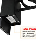 Dusk To Dawn Sensor Outdoor Wall Lantern With Built In GFCI Outlet showing dual receptacles and power specifications, black finish.