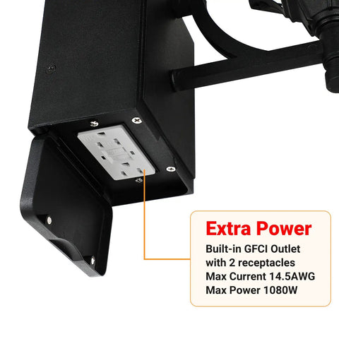 Dusk To Dawn Sensor Outdoor Wall Lantern With Built In GFCI Outlet showing dual receptacles and power specifications, black finish.