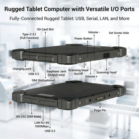 Rugged 10.1 Inch Tablet PC With Windows 11 Pro And Intel N100 Processor Featuring IP67 Waterproof Shield Shockproof Armor I/O ports view.