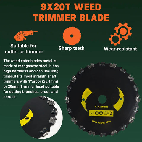 9x20T weed trimmer blade for heavy duty cutting, featuring sharp teeth and wear-resistant design, suitable for straight shaft trimmers.