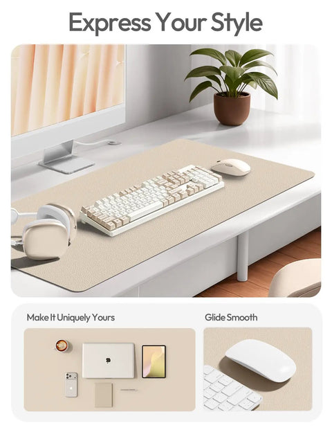Leather Desk Pad Protector For Home Office, Big Non Slip PU Leather Desk Mat, Waterproof Writing Pad For Laptop, Keyboard, And Mouse, 23.6 By 13.8 Inches, Eggshell Finish, Shields Your Desk From Scratches, Spills, Heat, Non Slip, Available In Multiple on a desk with keyboard and plant.