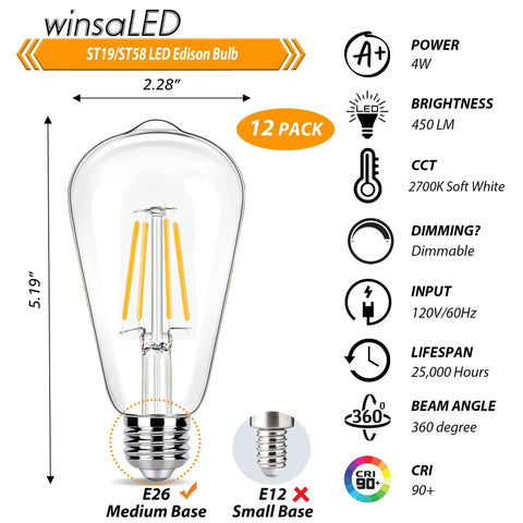 12 Pack Dimmable LED Light Bulbs ST19 Vintage Edison Style E26 Bulbs 40 Watt Equivalent 2700K Soft Warm White 4W Filament Look Energy Saving For Living Room Bedroom Bathroom Porch Fixtures, product specifications including dimensions and features.