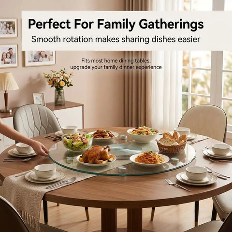 Tempered Glass Round Lazy Susan Turntable With 360 Degree Silent Spin With food for family dinners and gatherings.