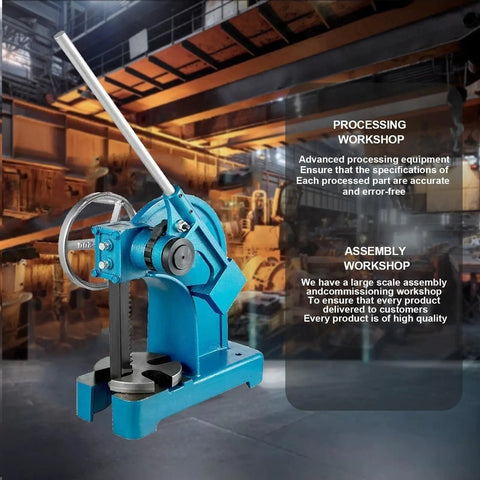3 Ton Ratchet Lever Arbor Press with Handwheel Industrial Manual Desktop Punch Press for Stamping and Deforming Heavy Duty Iron Beast in workshop setting.