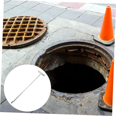 Heavy Duty Stainless Steel T-Shaped Manhole Cover Lifting Hook For Rolling Shutter Doors, 19.7 Inch Reach, Industrial Grade Pulling Tool near open manhole.