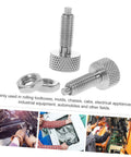 Rock Solid Pack Of Two Stainless Steel Self Locking Pins With Knurled Handles and Retractable Spring Plungers For Toolbox, showing two pins and a nut.