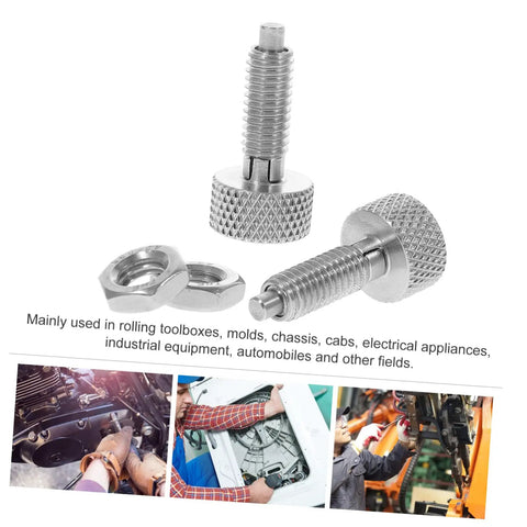 Rock Solid Pack Of Two Stainless Steel Self Locking Pins With Knurled Handles and Retractable Spring Plungers For Toolbox, showing two pins and a nut.