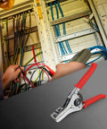 Heavy Duty Automatic Wire Stripper Pliers With Integrated Adjustable Ruler For 0.5 To 4.0mm Cables in use, stripping wires in an electrical panel.