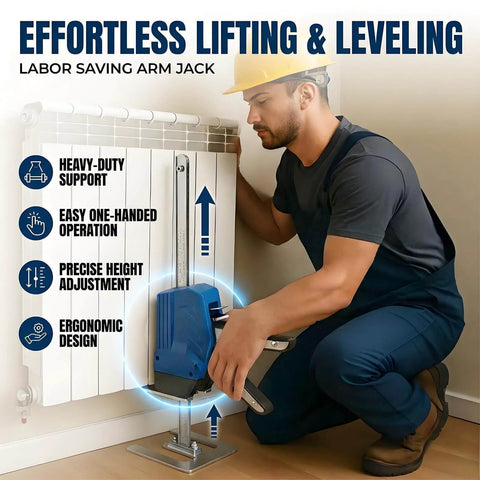 Installed view of a blue labor-saving arm jack mounted to a metal rail lifting a radiator; Amazon brand, 440 lb capacity.