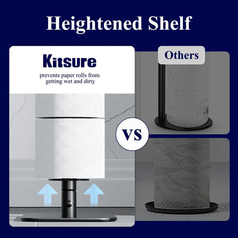 Comparison of free standing toilet paper holders showing Kitsure's rustproof metal stand with heightened shelf against competitors.