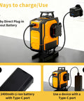 Straight Shooter Self Leveling Green Laser Level plugged into wall outlet, showcasing charging options and features.