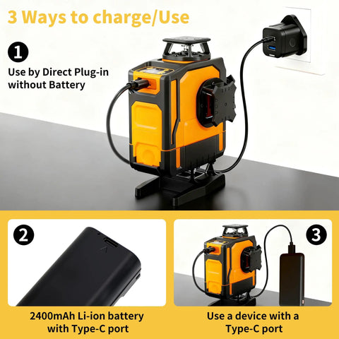 Straight Shooter Self Leveling Green Laser Level plugged into wall outlet, showcasing charging options and features.