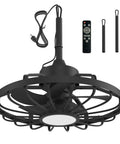 Outdoor Ceiling Fan With Light And Remote, 20 Inch, IP65 Waterproof, black metal frame, PC blades, gazebo cage style, two downrods