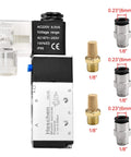 Electric Pneumatic Solenoid Valve 5 Way 2 Position, 220 VAC, 4V210-06 Compatible, 1/8 Inch PT Ports with fittings and muffler shown