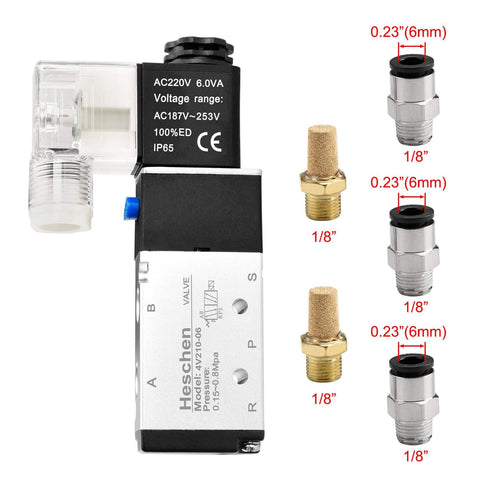 Electric Pneumatic Solenoid Valve 5 Way 2 Position, 220 VAC, 4V210-06 Compatible, 1/8 Inch PT Ports with fittings and muffler shown