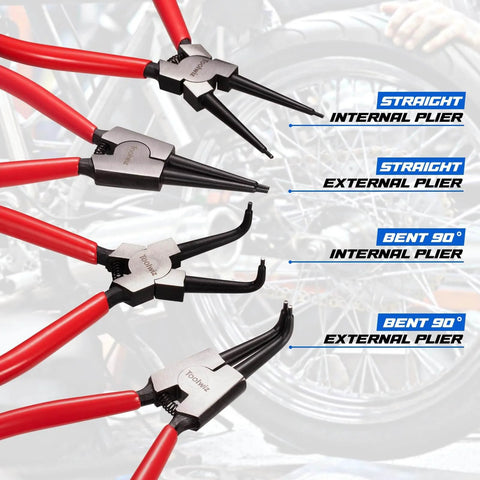 4 Piece Snap Ring Pliers Set With 7 Inch Internal And External Circlip Pliers featuring straight and bent jaws