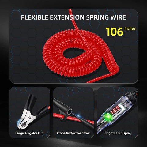 Automotive Test Light With 3 To 120V LED Digital Display And Dual Color Polarity Indicator, Pro Grade Electrical Test Pen With Sharp Steel Probe For Cars, RVs, Fuses And Electrical Troubleshooting. 106-inch red spring wire with alligator clip and LED display