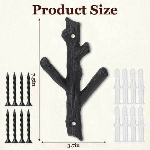 Hella Sturdy Cast Iron Tree Branch Wall Hooks Set Of Four Premium Heavy Duty wall mount 7.5 by 3.7 inches with screws.