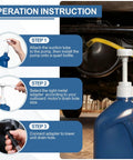 Front view of two-pack fluid transfer pump for quart bottles; white pump head on blue container, 10cc per stroke.