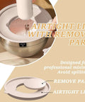 Mixing bowl with airtight lid in use, part removed for mixing; part of 26 Piece Stainless Steel Mixing Bowls Set With Airtight Lids And Grater Attachments Non Slip Bottoms Khaki Kitchen Gadgets For Meal Prep Storage Cooking And Serving Includes 1 Qt 1.5 Qt 2 Qt 2.5 Qt 4 Qt 7 Qt Bowls.