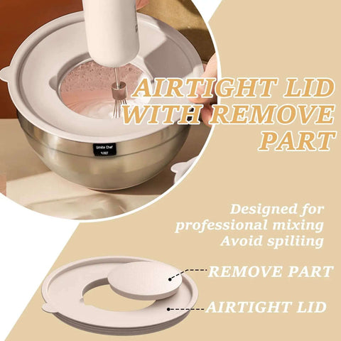 Mixing bowl with airtight lid in use, part removed for mixing; part of 26 Piece Stainless Steel Mixing Bowls Set With Airtight Lids And Grater Attachments Non Slip Bottoms Khaki Kitchen Gadgets For Meal Prep Storage Cooking And Serving Includes 1 Qt 1.5 Qt 2 Qt 2.5 Qt 4 Qt 7 Qt Bowls.