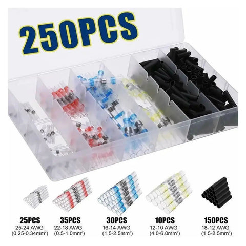 Top Shelf 250 Piece Kit With Four Heat Shrink Butt Connectors For Electrical Wire Splicing And Secure Seal Insulation Soldering Sleeves To Keep Your Cables Safe And Tidy. 250-piece organized case with assorted heat shrink butt connectors, color-coded sizes