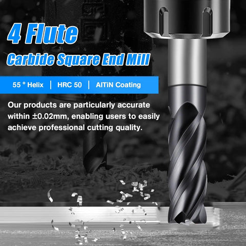 Carbide Square End Mill Four Flute Four Tooth Design Set One Eighth Inch AlTiBN Coated For Alloy Steels Hardened Steel And Metal Milling Multipurpose CNC Tool For DIY And Professional Use