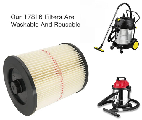 2 Pack Replacement Cartridge Filter For Craftsman 17816 9-17816 Wet Dry Vac Compatible Filter showing filter and vacuums