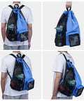 Person carrying navy blue mesh drawstring swim bag with wet pocket, lightweight and durable nylon mesh for gym and pool gear.