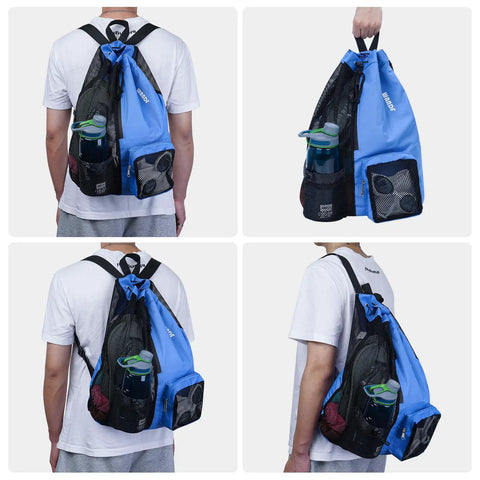 Person carrying navy blue mesh drawstring swim bag with wet pocket, lightweight and durable nylon mesh for gym and pool gear.