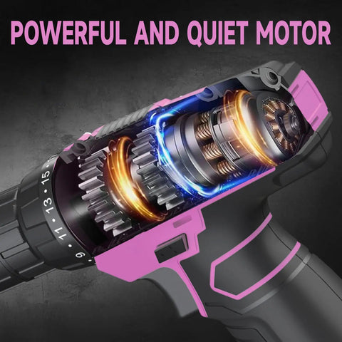 12V Pink Cordless Drill Kit With Battery And Charger, showing motor components and design features