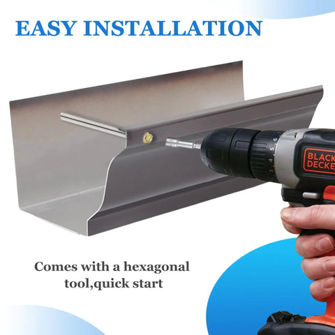10 Pack 7 Inch Gutter Screws With Stainless Steel Sleeves And Set Nails being installed with a drill on a gutter section.
