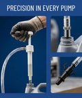 Hustle Free Lower Unit Gear Oil Pump With Sweet Precision Eight Cubic Centimeter Per Stroke in use with a quart jug and metal swivel.
