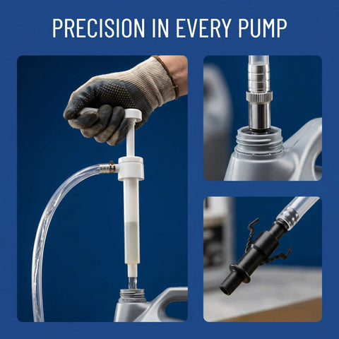 Hustle Free Lower Unit Gear Oil Pump With Sweet Precision Eight Cubic Centimeter Per Stroke in use with a quart jug and metal swivel.
