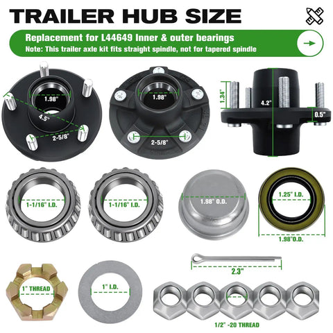 Diagram of Trailer Hub Kit For 5 On 4.5 Inch Axles, 2000 Pound Capacity with dimensions and components displayed.