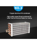 Fast Acting Countertop Ice Maker With Quick Six Minute Ice Cube Production And Thirty Three Pounds Daily Yield showing copper aluminum fin condenser for rapid chilling.