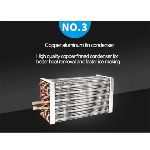 Fast Acting Countertop Ice Maker With Quick Six Minute Ice Cube Production And Thirty Three Pounds Daily Yield showing copper aluminum fin condenser for rapid chilling.