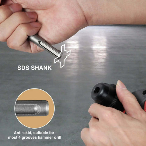 Front view of a carbide-tipped SDS Plus drill bit, 5/32 in x 6 in, held near a hammer drill.