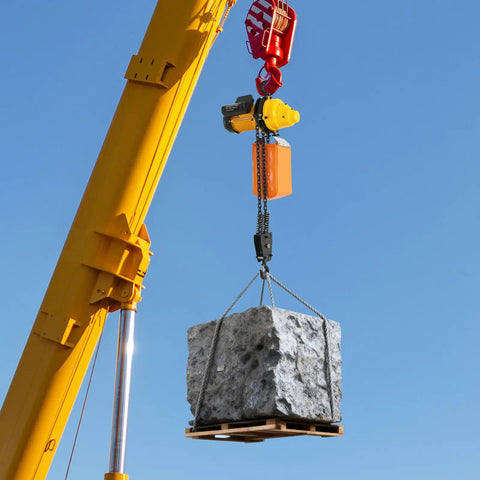 Powerful Heavy Duty Electric Chain Hoist 2200 Lbs Lift With 10 Ft Range And 1300W Motor For Garage Overhead Crane Work That Really Gets The Job Done Smoothly lifting heavy stone block overhead.