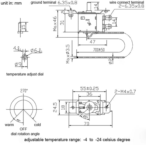 Technical diagram of Freezer Thermostat WPF20 Replacement Part for temperature control, dimensions and specifications shown