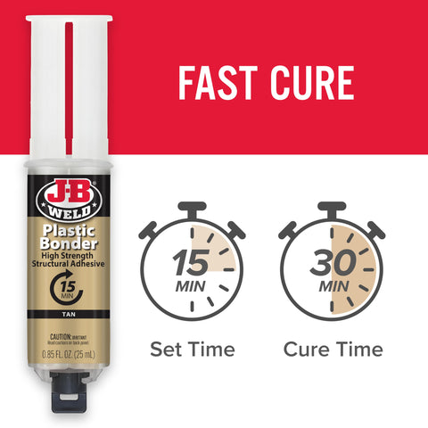 Plastic Bonder Structural Adhesive Syringe Tan 25 ml with set and cure time displayed, for quick setting and DIY repairs.