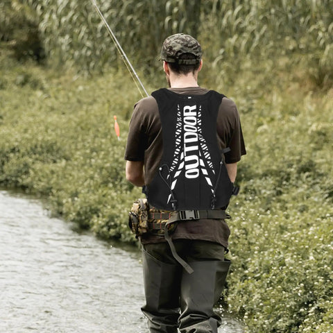 Rear view of person fishing wearing Go To Hydration Backpack For Running Cycling And Hiking With Quick Access Water Bladder.