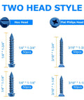 Concrete Screws Kit With Drill Bit And Driver Bit For DIY Projects, Four Flat And Hex Head Sizes, Blue Coated