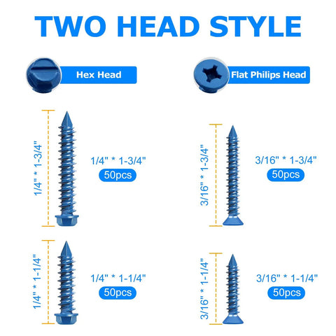 Concrete Screws Kit With Drill Bit And Driver Bit For DIY Projects, Four Flat And Hex Head Sizes, Blue Coated