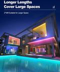 Modern house with vibrant RGB lights showing 100ft Outdoor RGB LED Strip Lights Waterproof 12V With Alexa And Google Assistant.