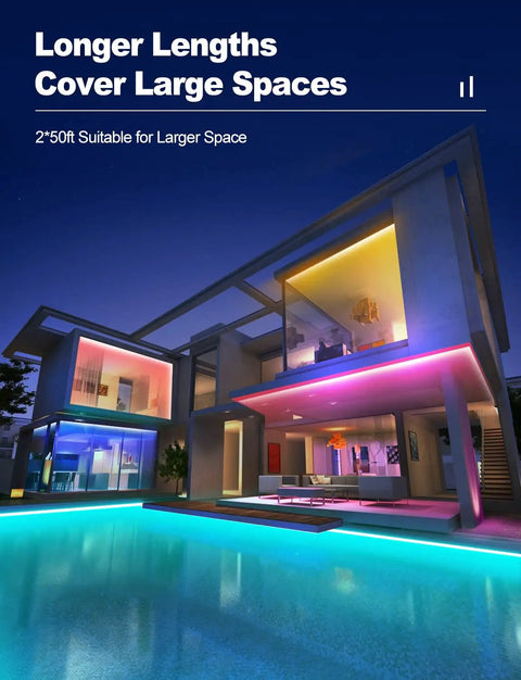Modern house with vibrant RGB lights showing 100ft Outdoor RGB LED Strip Lights Waterproof 12V With Alexa And Google Assistant.