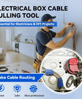 Electrician using Pull Buddy Wire Pulling Kit For Electricians Rack A Tiers Six Piece Pro Grade Set, installing cables in a wall.