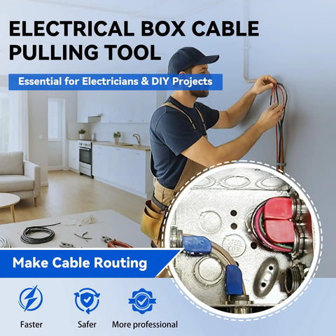 Electrician using Pull Buddy Wire Pulling Kit For Electricians Rack A Tiers Six Piece Pro Grade Set, installing cables in a wall.