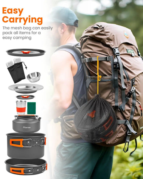 Man carrying mesh bag with 21 Piece Camping Cookware Mess Kit For Two Lightweight Pots And Pans Set With Nonstick Coating Non Toxic
