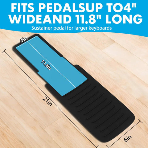 Anti Slip Sustain Pedal Mat For Digital Pianos, 4 Inch By 12 Inch Foot Pad on hardwood floor with measurements.